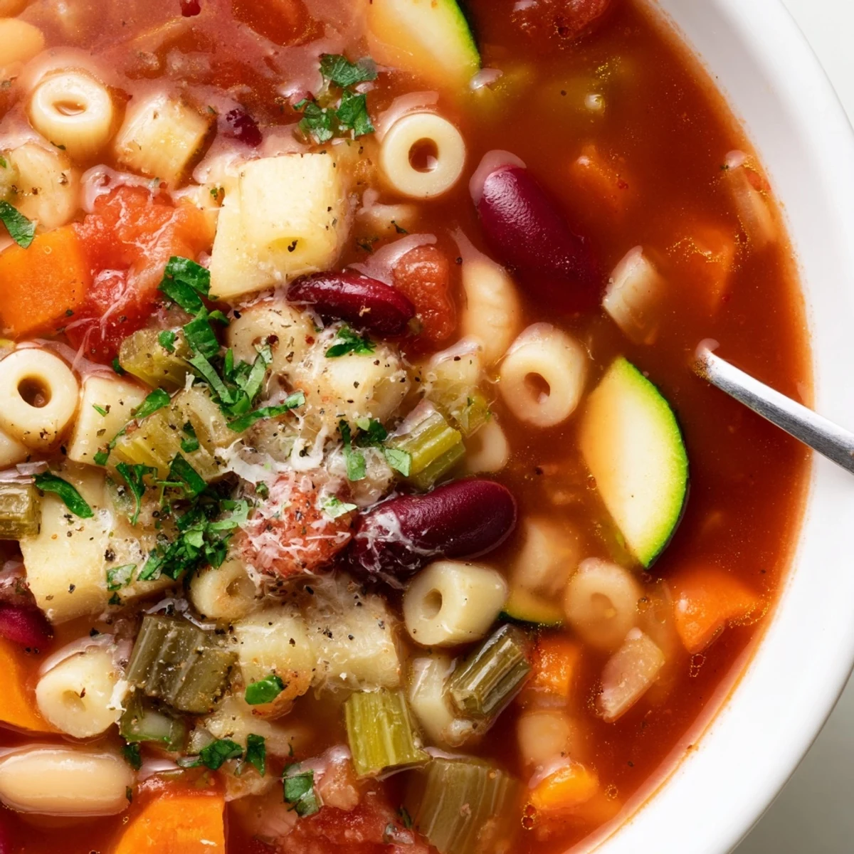 Hearty Minestrone Soup ladled into bowls with parsley and grated Parmesan