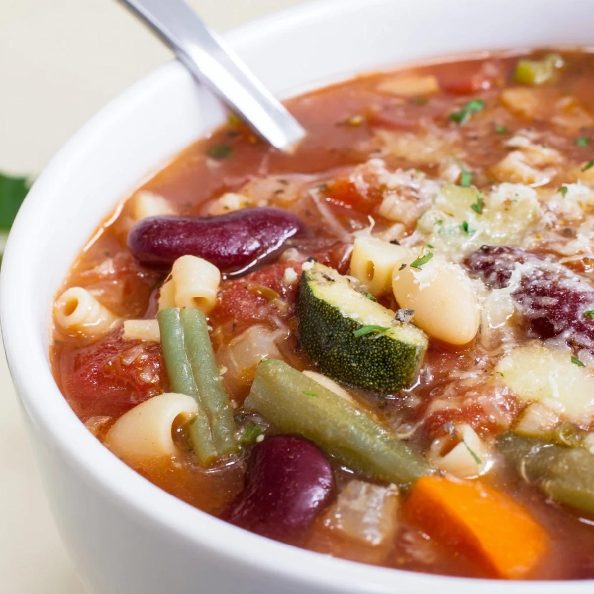 Aromatic Minestrone Soup simmering in pot, tomato broth, ready for crusty bread