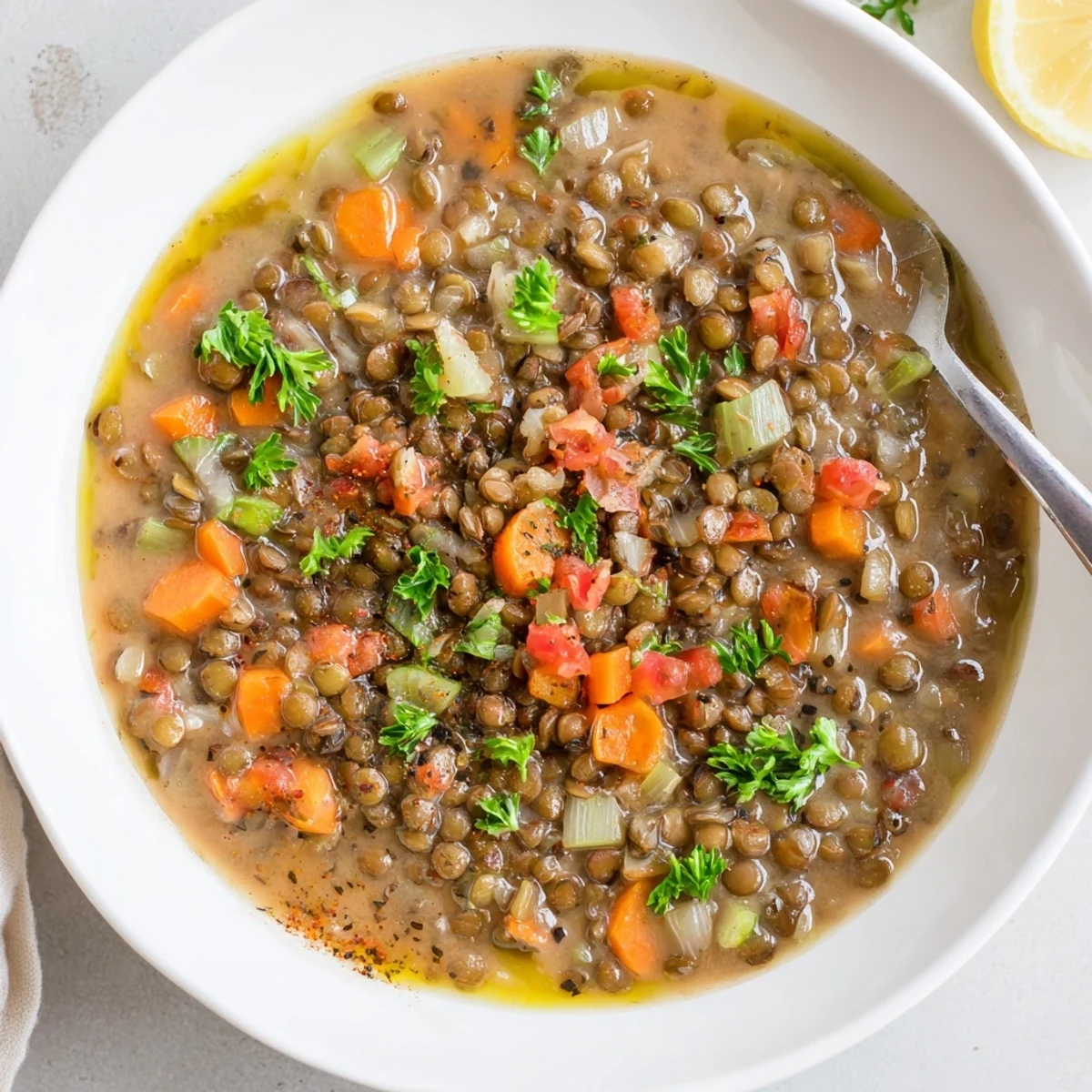 Lentil Soup steaming in a bowl, aromatic cumin, parsley garnish.