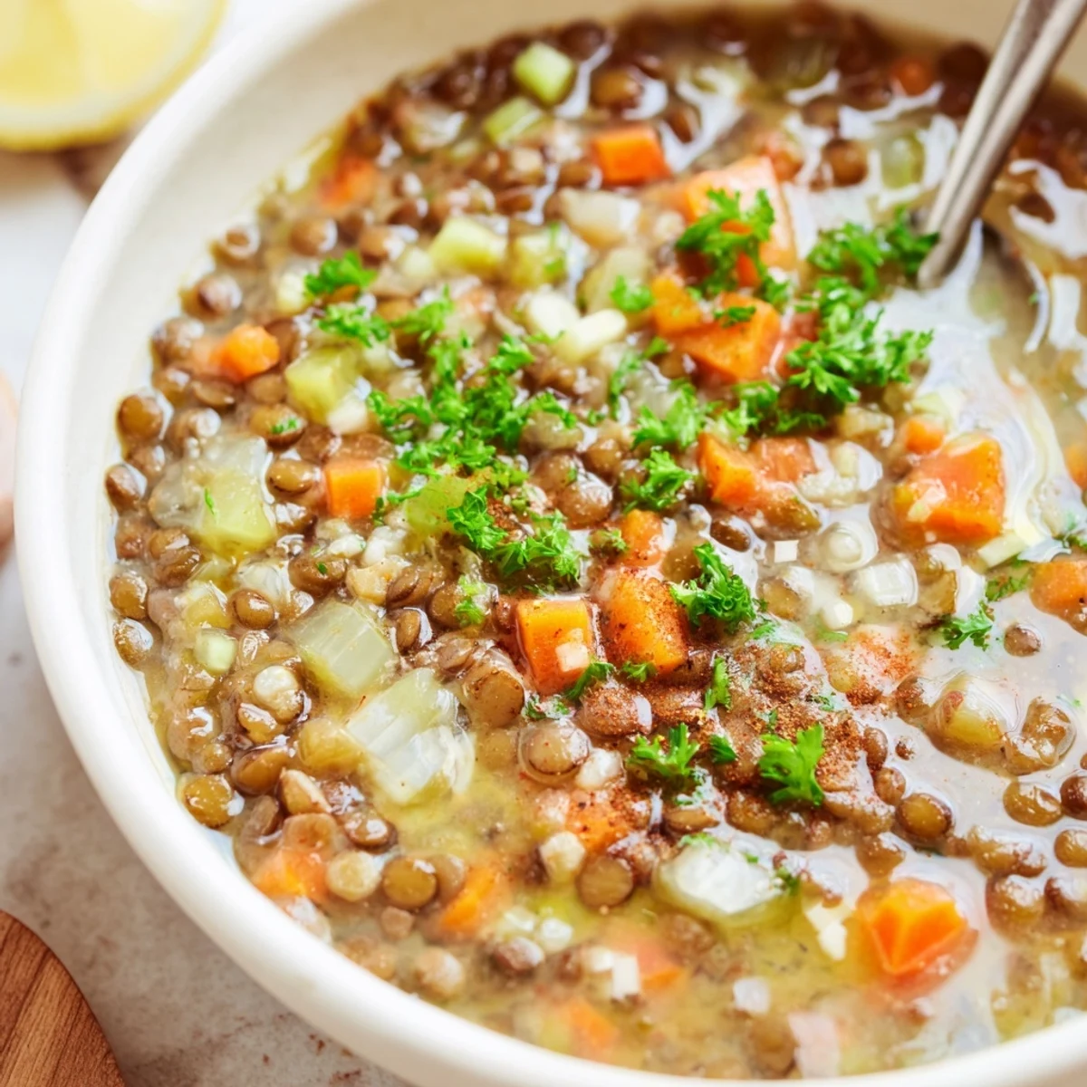 Hearty bowl of Lentil Soup with diced carrots, crusty bread.