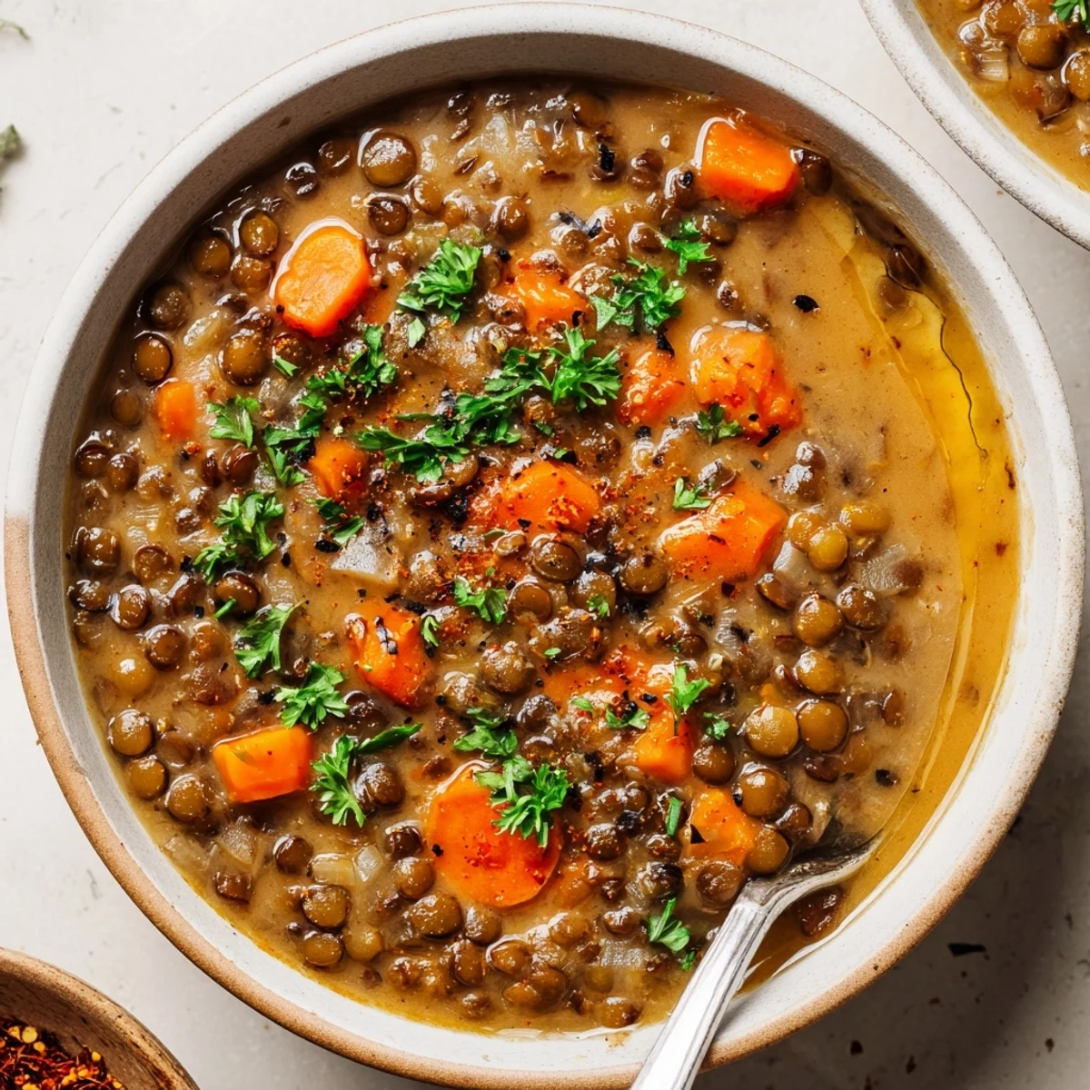 Warm Lentil Soup simmering in large pot, smoky paprika scent.