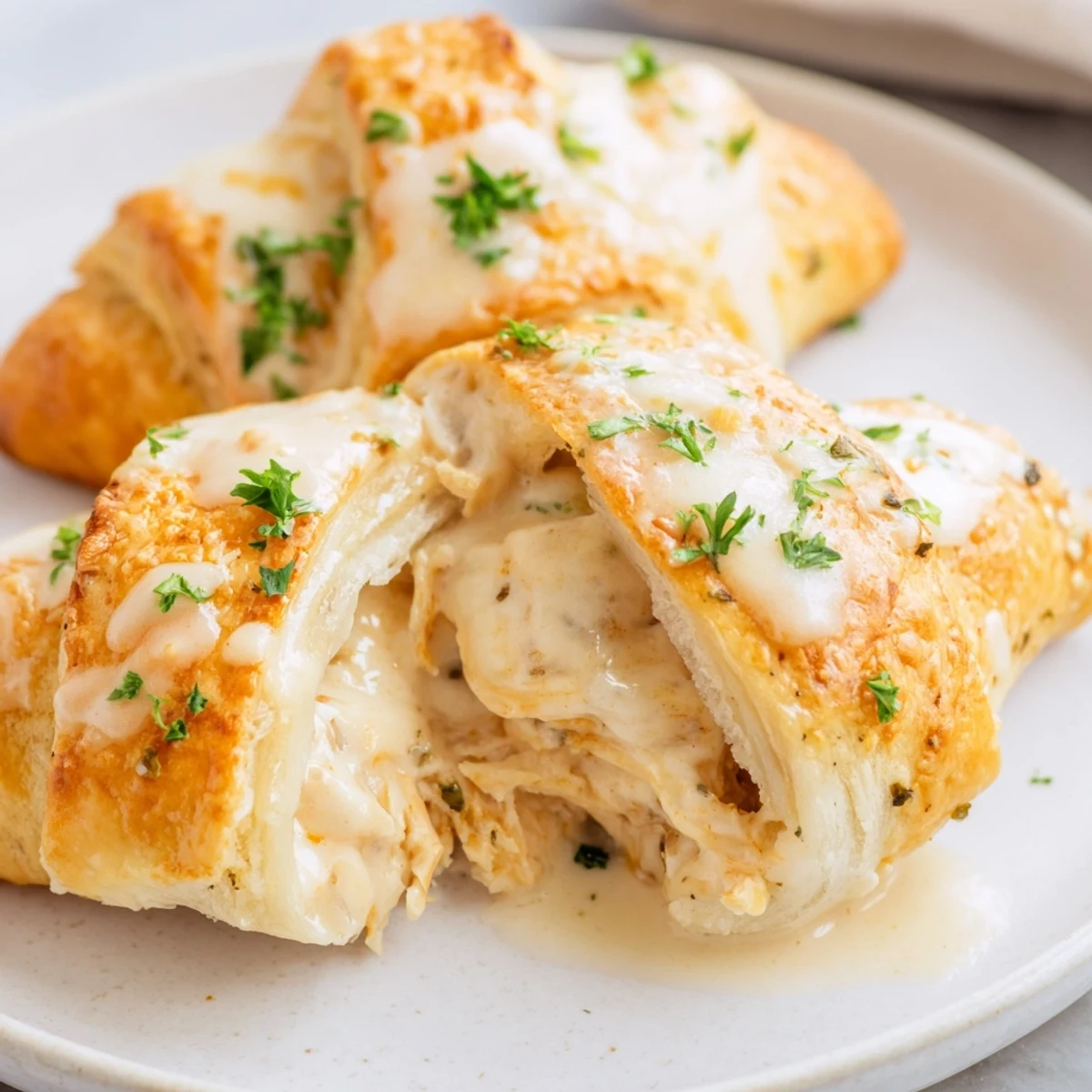 Flaky crescent wrapped chicken pillows served piping hot with rich white parmesan sauce