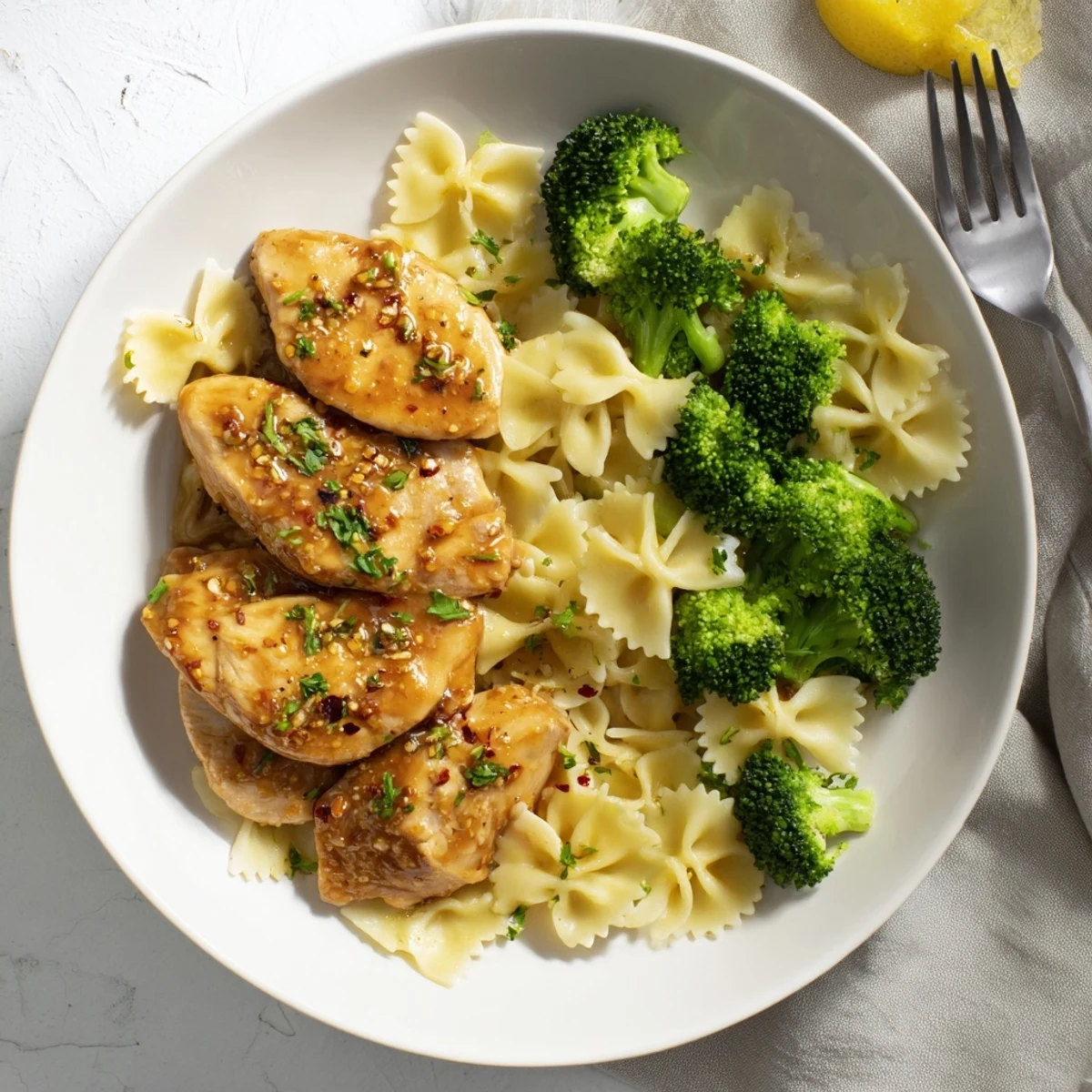 Golden sliced chicken breasts draped in melted cowboy butter atop lemony bowtie pasta and bright green broccoli florets