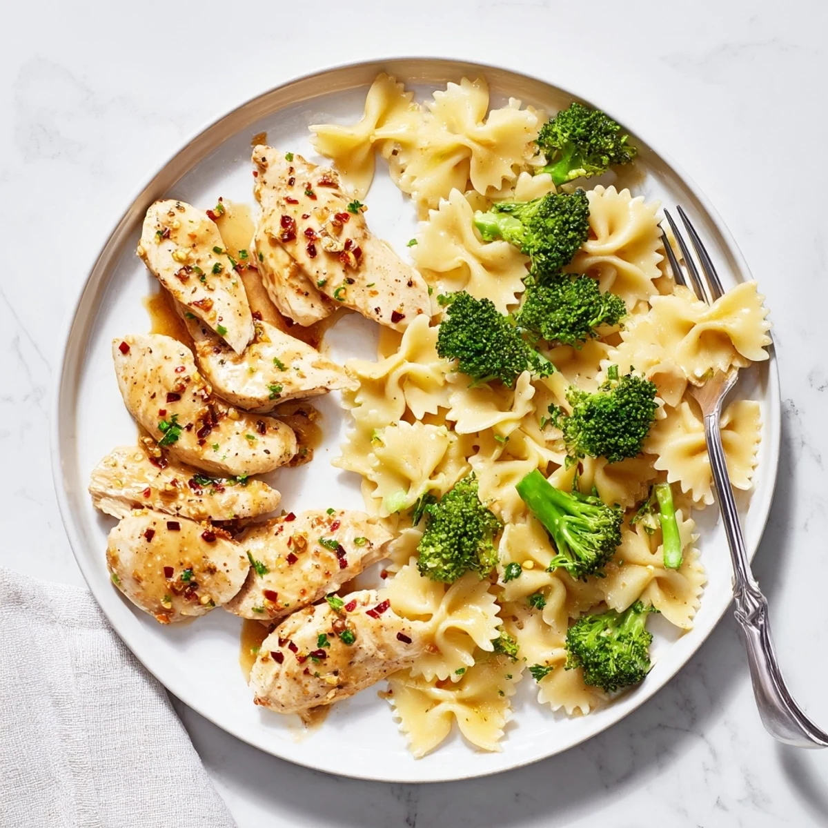 Zesty cowboy butter chicken plated with tangy lemon bowtie pasta crisp broccoli and fresh parsley garnish
