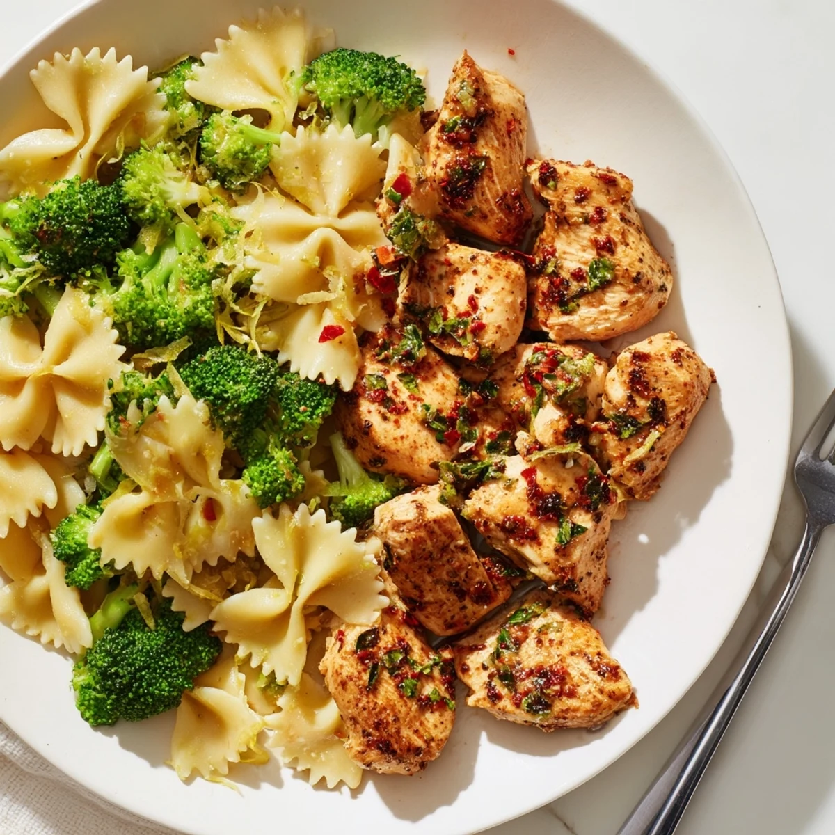 Juicy spiced chicken coated in garlic herb butter served over bright lemon pasta and tender crisp broccoli