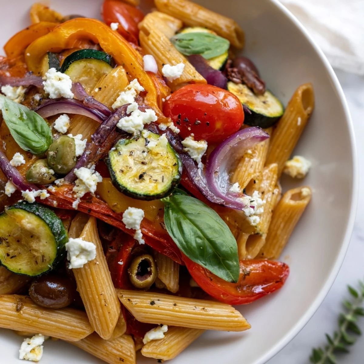 Vibrant Mediterranean pasta dish loaded with bell peppers, tomatoes, and fresh herbs in a single pot.