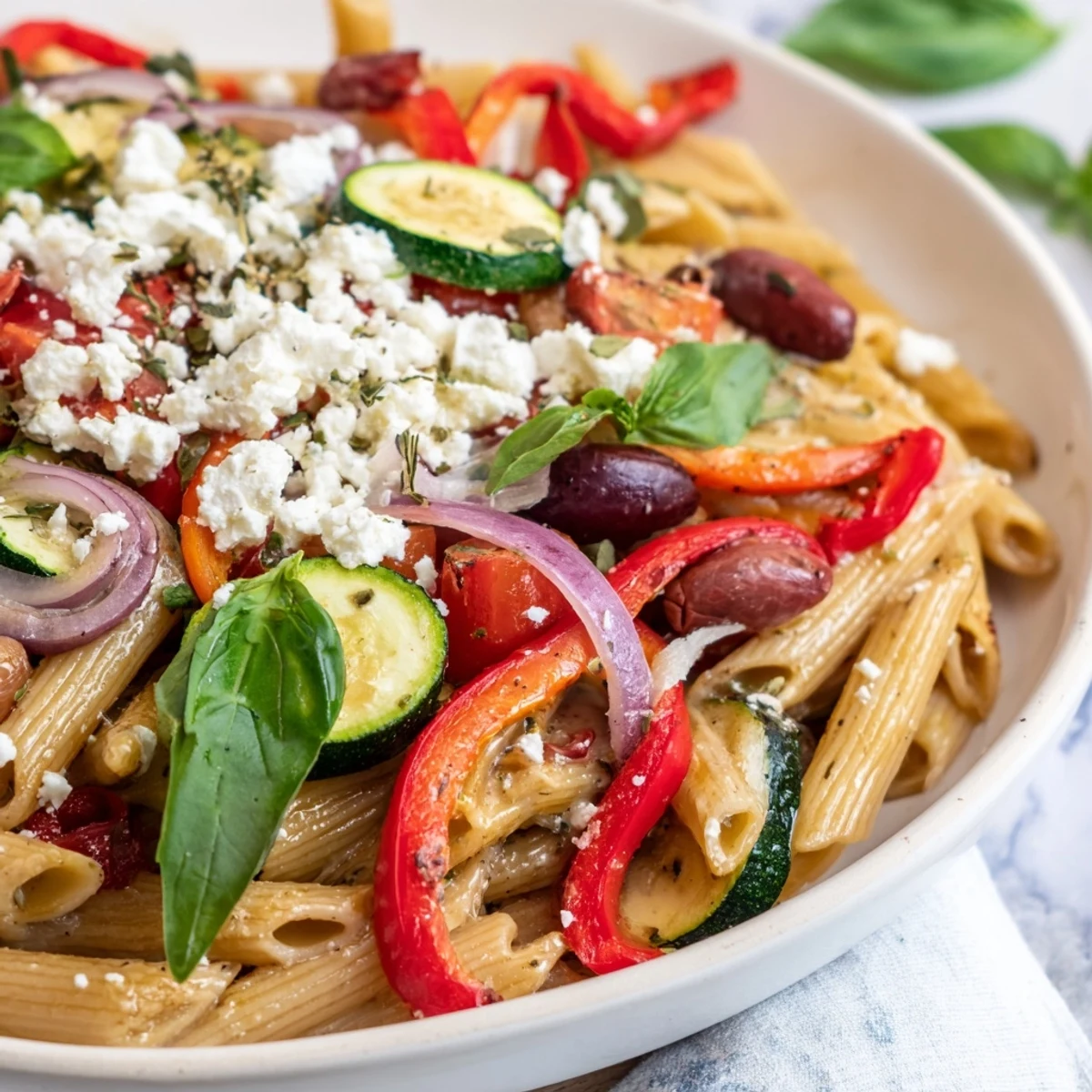 One pot Mediterranean pasta with colorful vegetables, olives, and crumbled feta cheese topping.