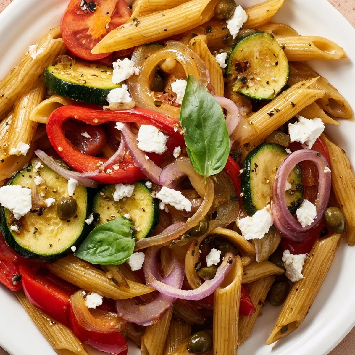 Easy Mediterranean one pot pasta featuring zucchini, olives, spinach, and creamy feta cheese garnish.