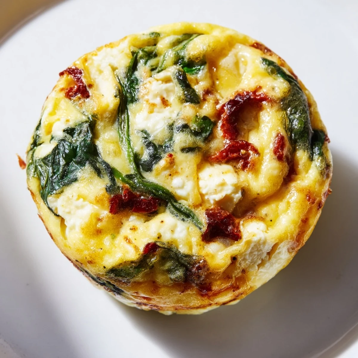 Golden spinach feta and sun dried tomato egg muffin cups arranged in a muffin tin