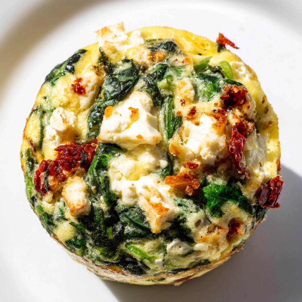 Bite-sized Mediterranean egg muffin cups topped with crumbled feta and vibrant sun dried tomatoes