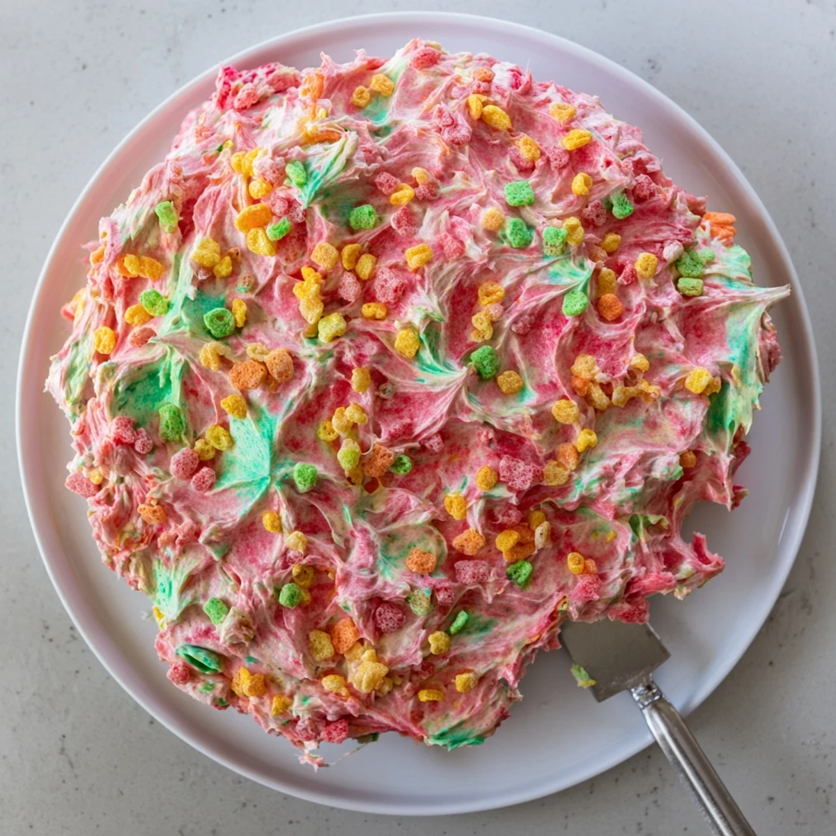 Colorful Fruity Pebbles cereal frosting piped onto vanilla cupcakes with rainbow cereal garnish