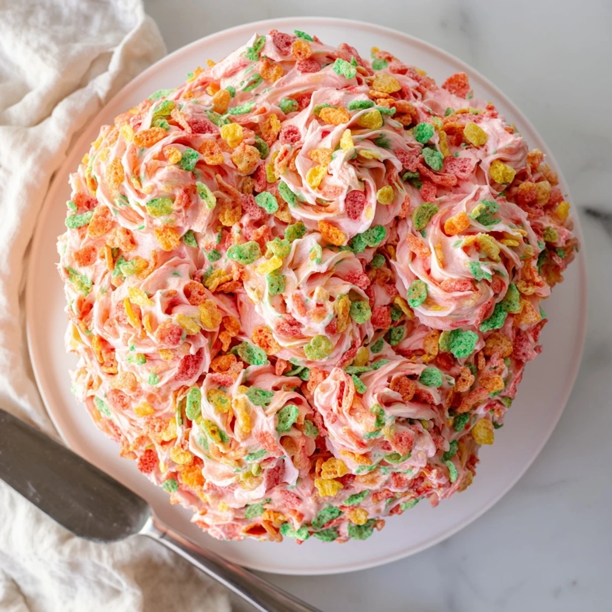 Whimsical bowl of vibrant fruity cereal frosting ready for spreading on cakes and cookies