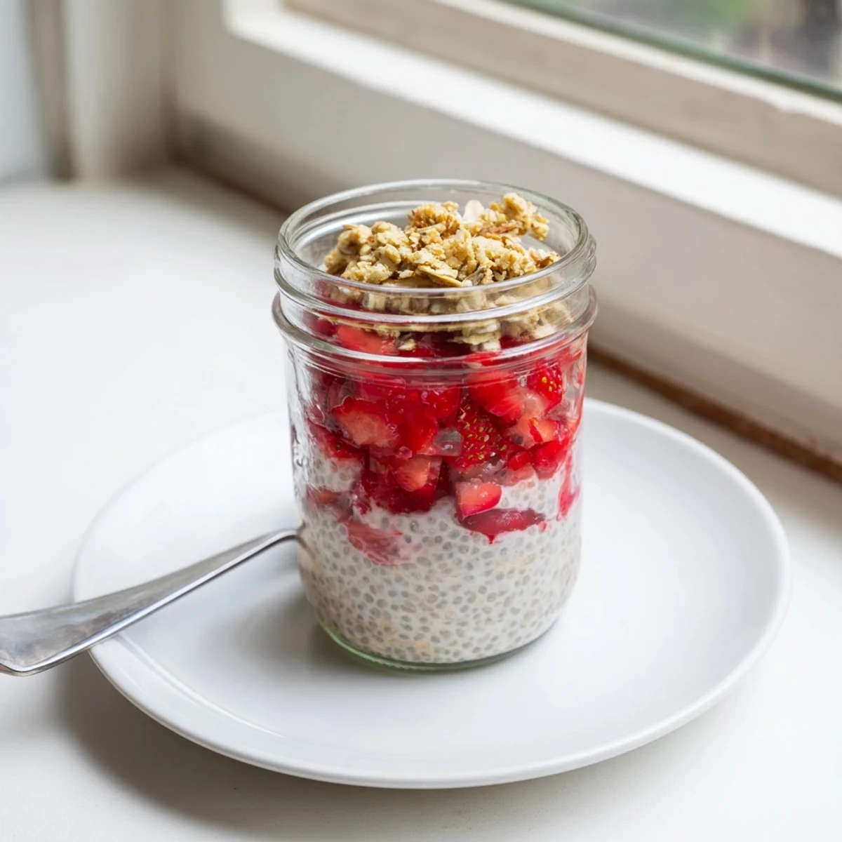 Creamy strawberry crumble chia pudding parfaits topped with crispy baked oats and fresh strawberry chunks