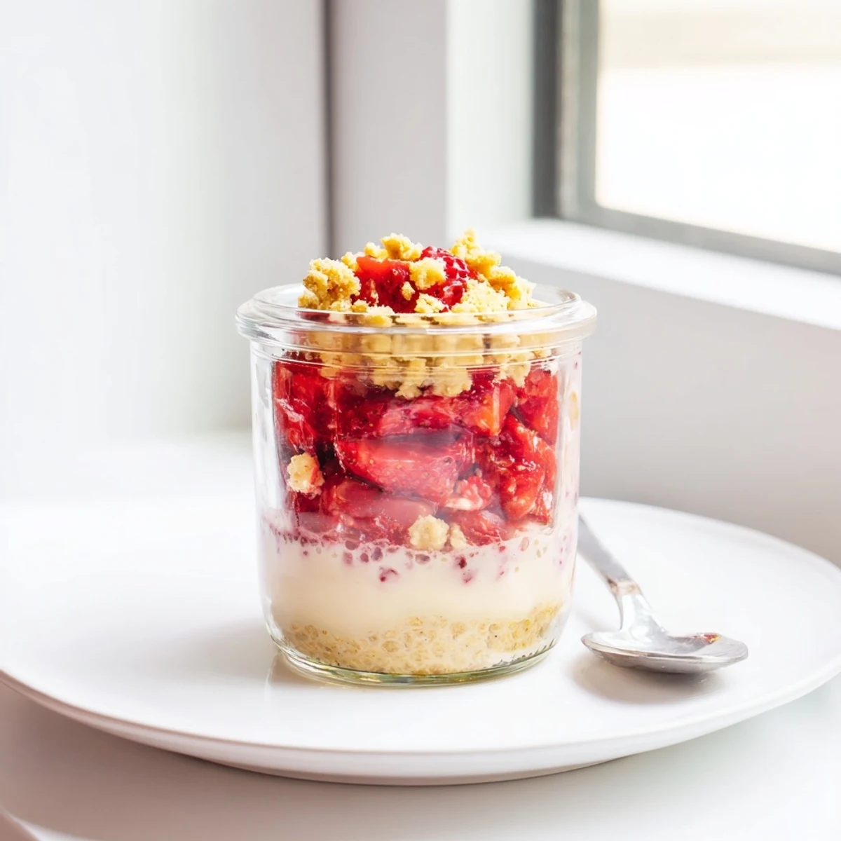 Glass jar layered with strawberry crumble chia pudding showing creamy chia seeds, macerated berries, and golden oat topping