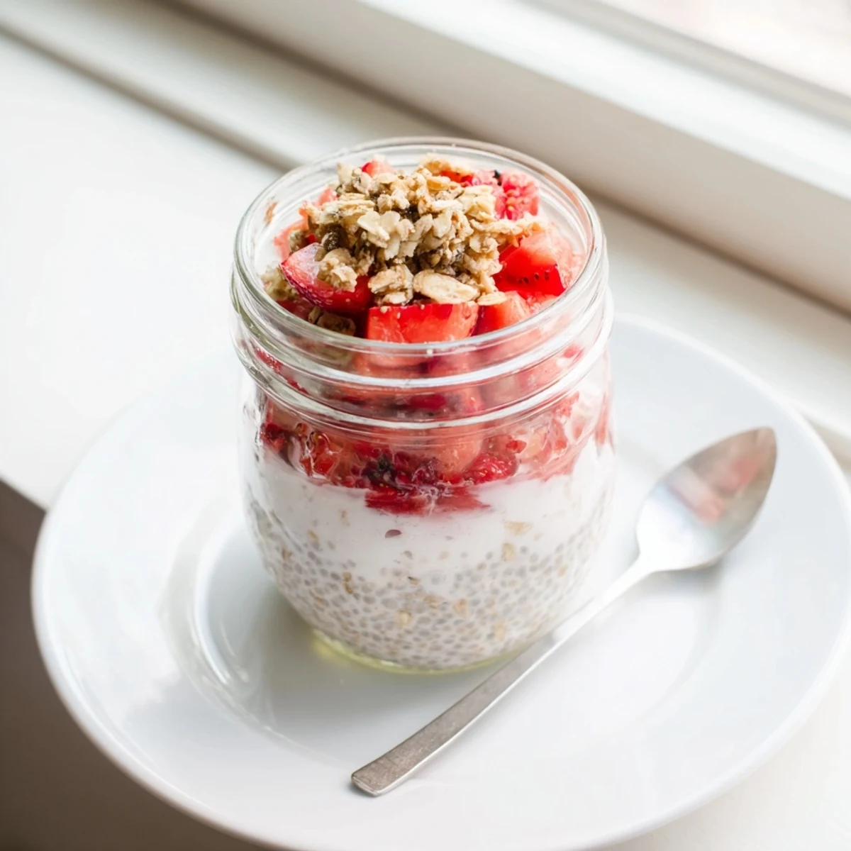 Close-up of layered strawberry crumble chia pudding dessert with vanilla chia base, sweet strawberries, and crunchy oat crumble