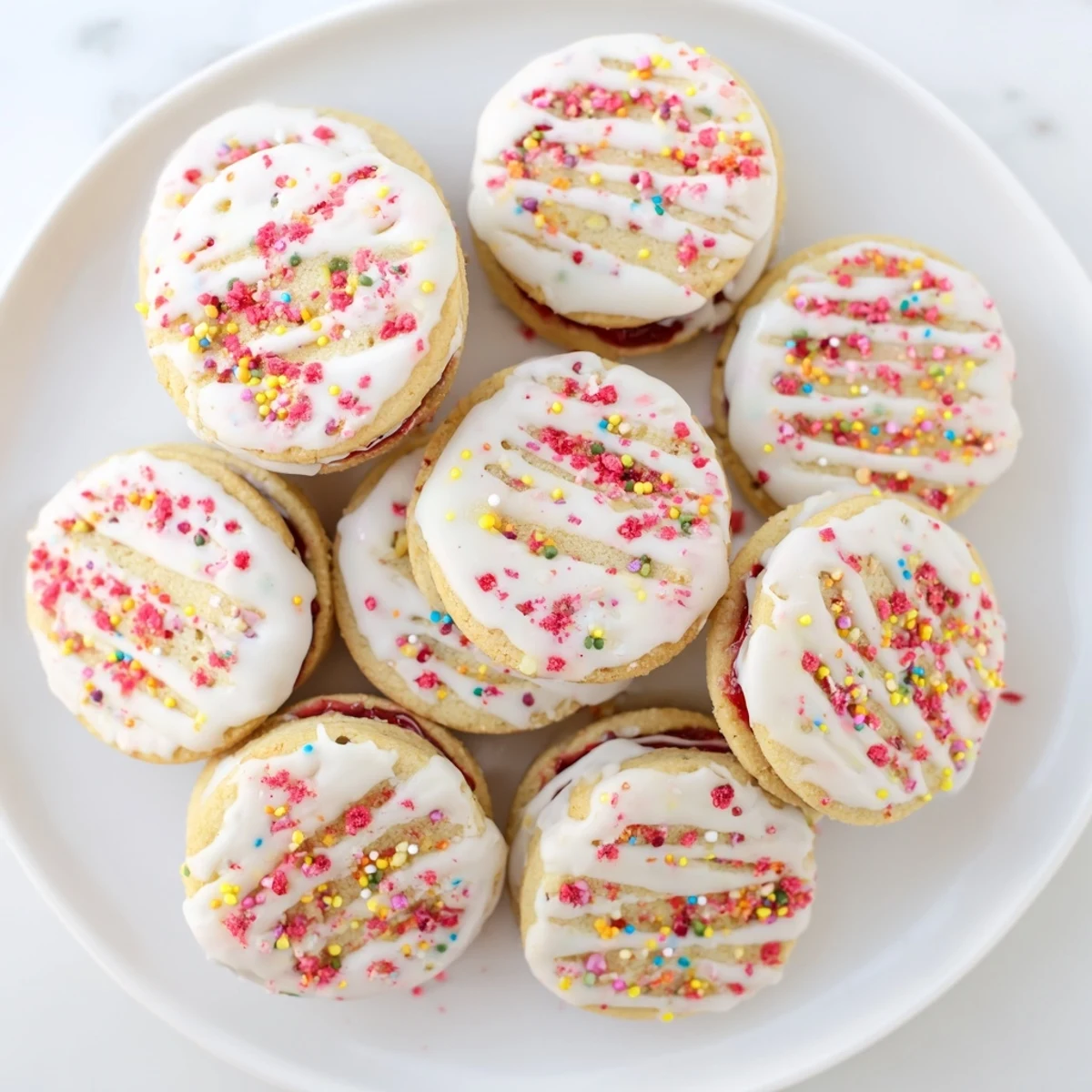 Golden Strawberry Pop Tart Cookies drizzled with white vanilla glaze and colorful sprinkles on a white plate