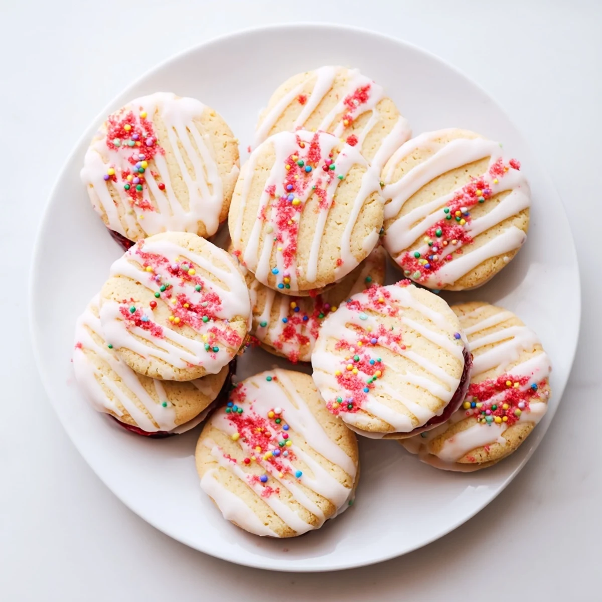 Soft baked Strawberry Pop Tart Cookies filled with bright red jam and topped with sweet powdered sugar icing