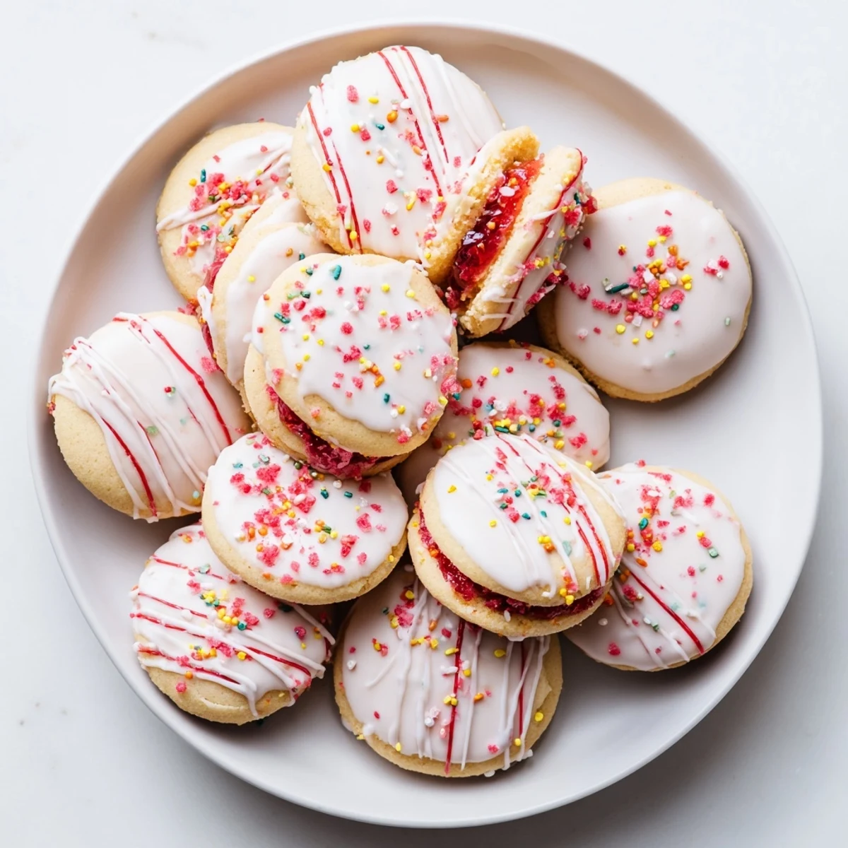 Freshly baked Strawberry Pop Tart Cookies arranged on a wire cooling rack with strawberry garnish