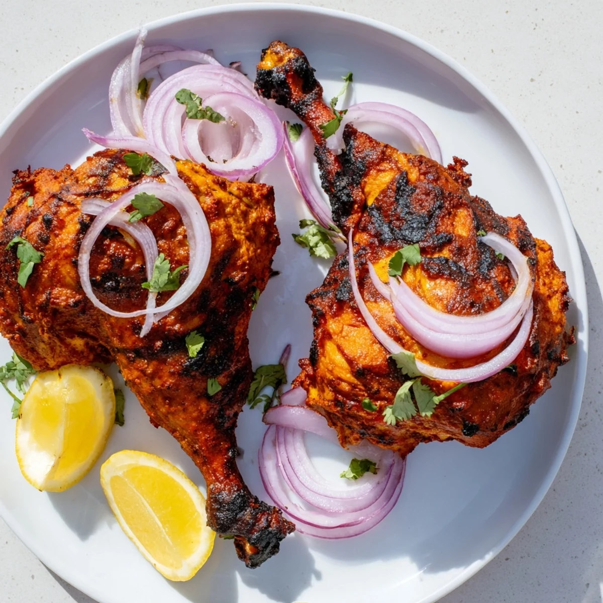 Golden Tandoori Chicken Yogurt Spice pieces roasted to smoky charred perfection with fresh cilantro garnish
