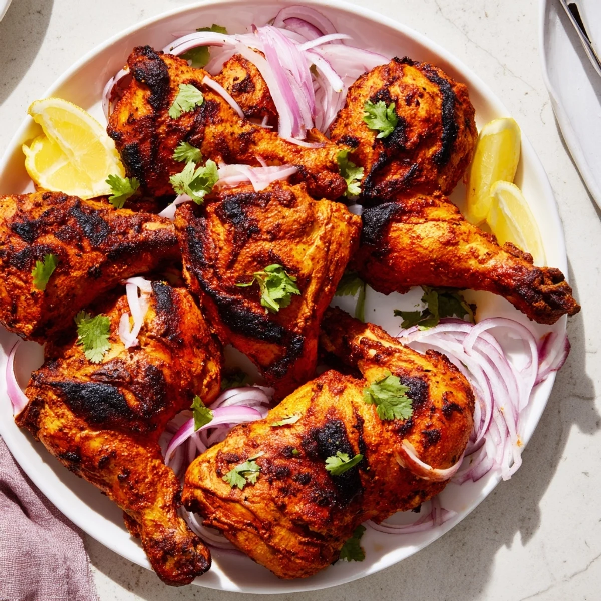 Tender spiced yogurt marinated chicken arranged on platter with red onion slices and lemon wedges