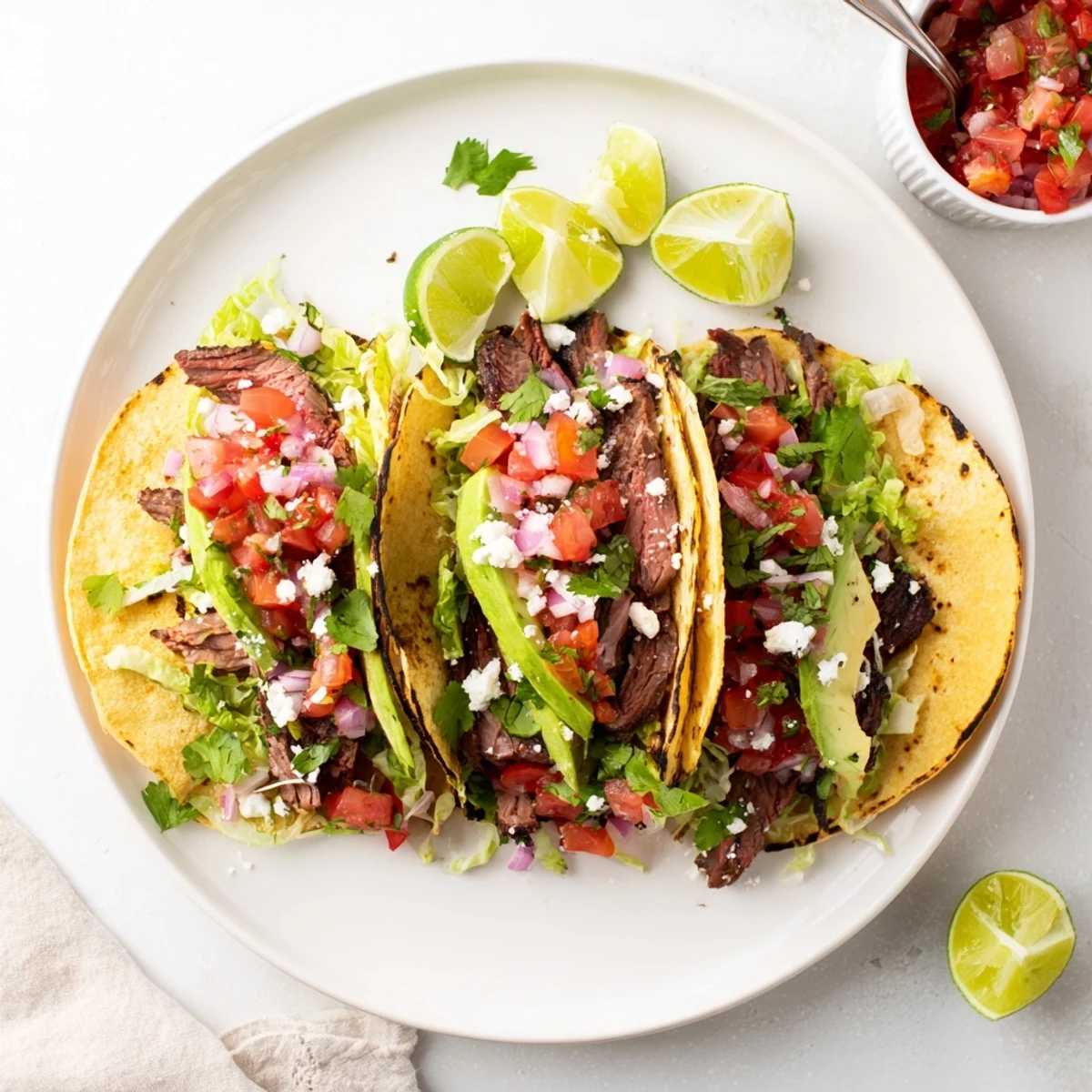 Close-up of Charcoal Grilled Tacos Recipe, avocado slices, cilantro, sizzling grill aroma.