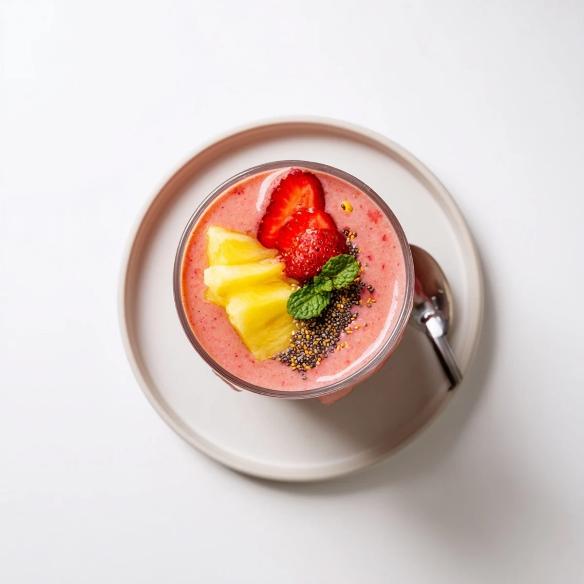 Creamy Strawberry Pineapple Smoothie in chilled glass, bright pink tropical aroma