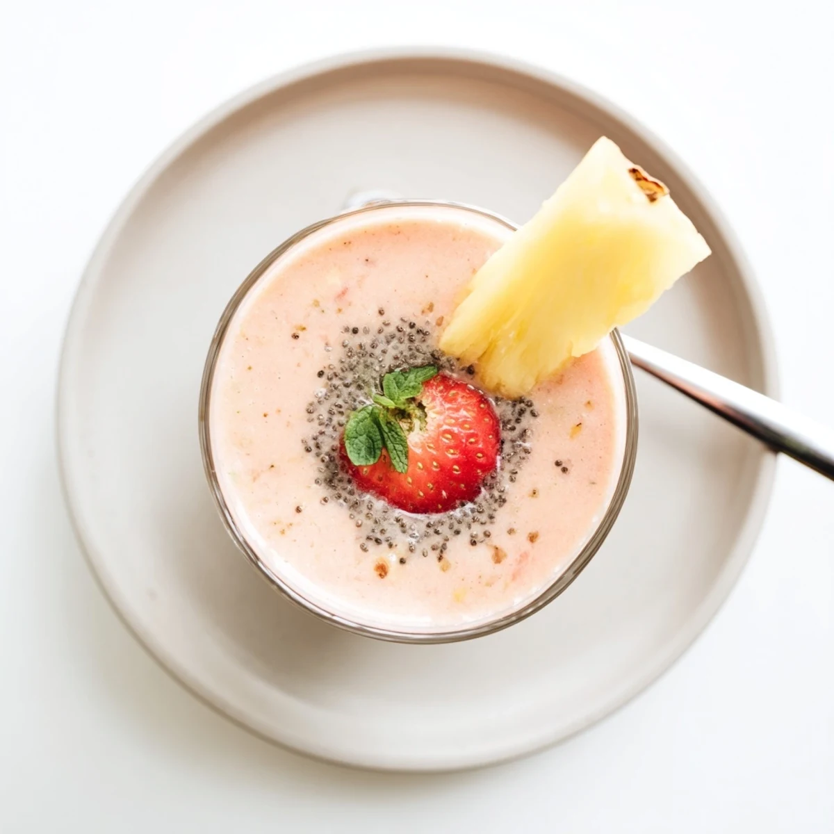Strawberry Pineapple Smoothie topped with mint and pineapple slice, refreshing breakfast sip