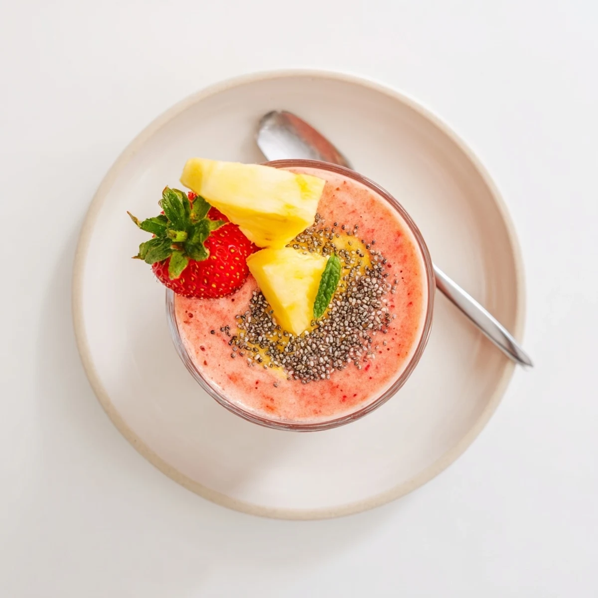 Thick Strawberry Pineapple Smoothie blended with banana and chia, served cold