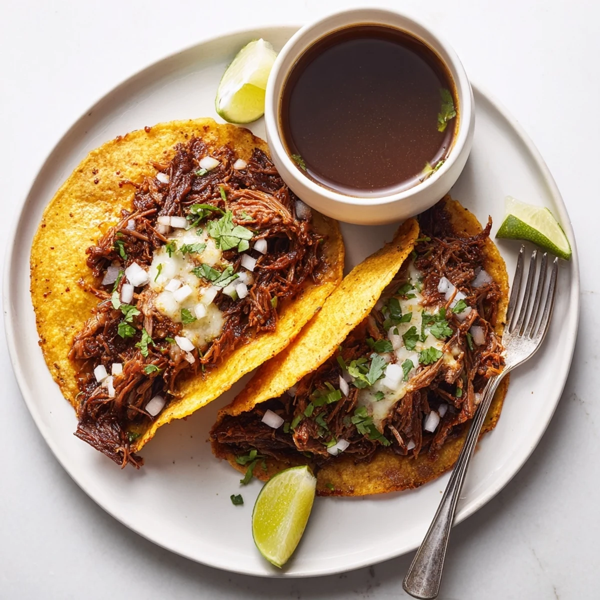 Aromatic Super Crispy Birria Tacos Recipe plated with cilantro, diced onion, lime wedges