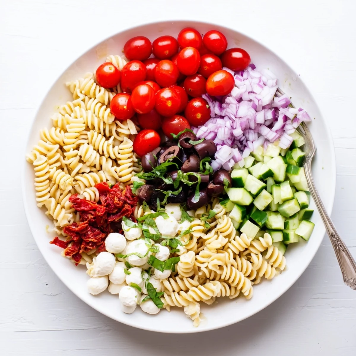 Bright Gluten Free Italian Pasta Salad Recipe tossed with creamy mozzarella, olives