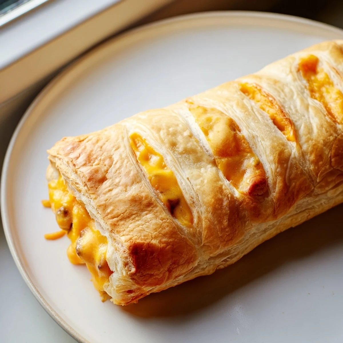 Golden Greggs inspired steak and cheese roll with flaky baked puff pastry crust
