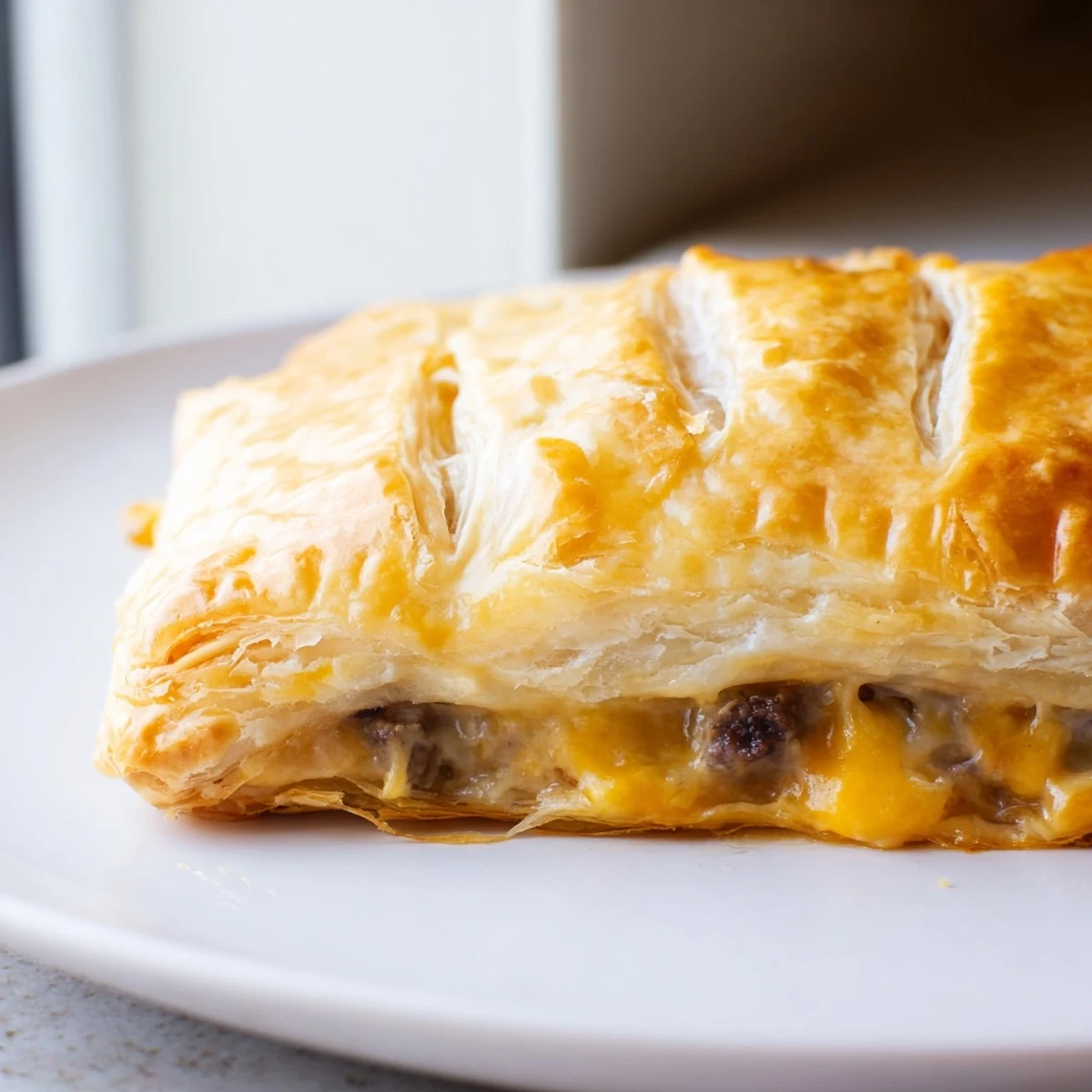 Greggs inspired steak and cheese roll oozing melted cheddar from crispy pastry