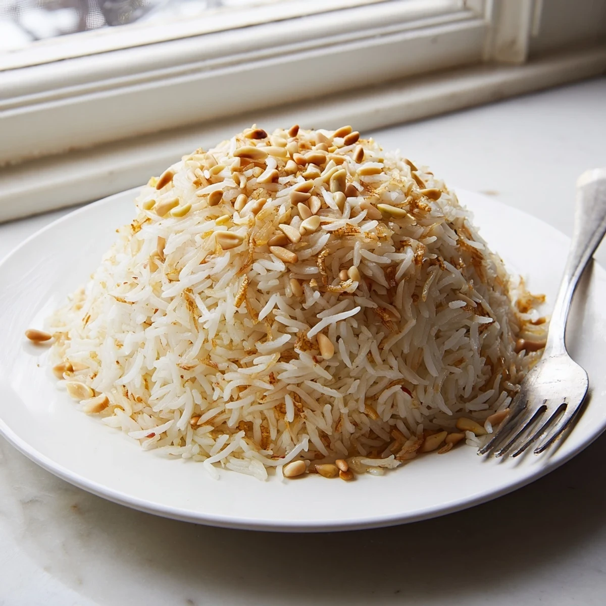Fluffy Lebanese rice with golden toasted vermicelli served in a warm bowl