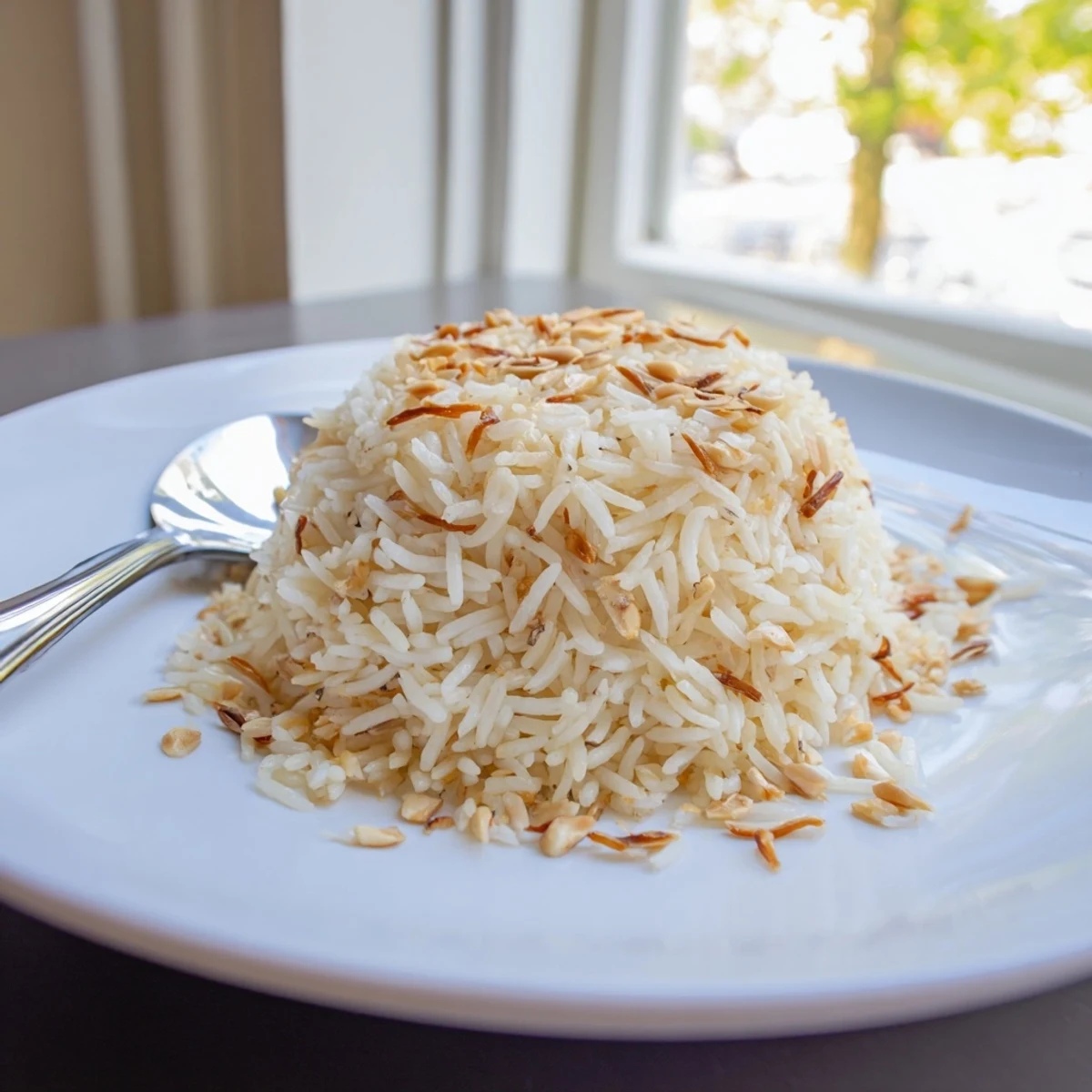 Steaming bowl of Lebanese rice garnished with toasted pine nuts and fresh herbs
