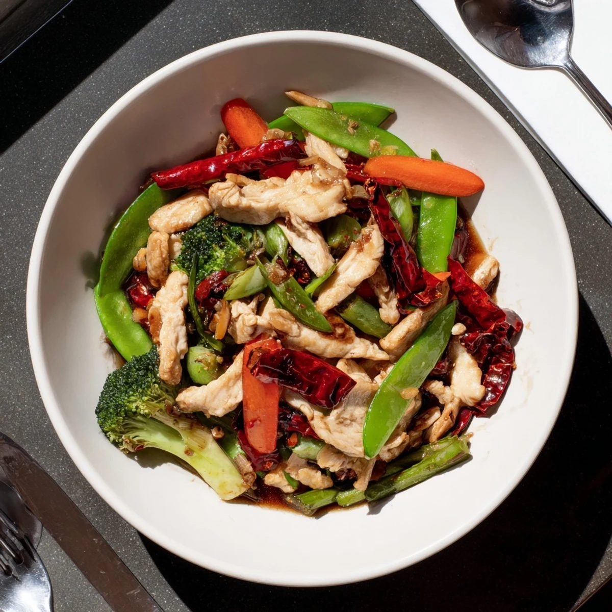 Hunan Chicken stir-fry glistening with bold chili sauce served over fluffy steamed rice
