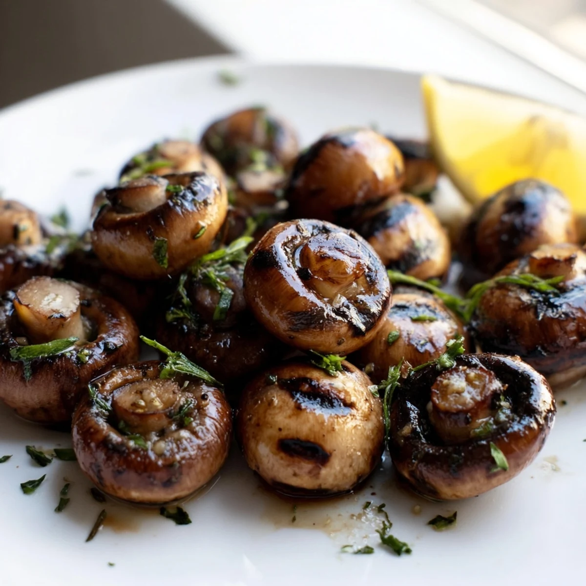 Sizzling grilled garlic mushrooms in a cast iron skillet with herb butter