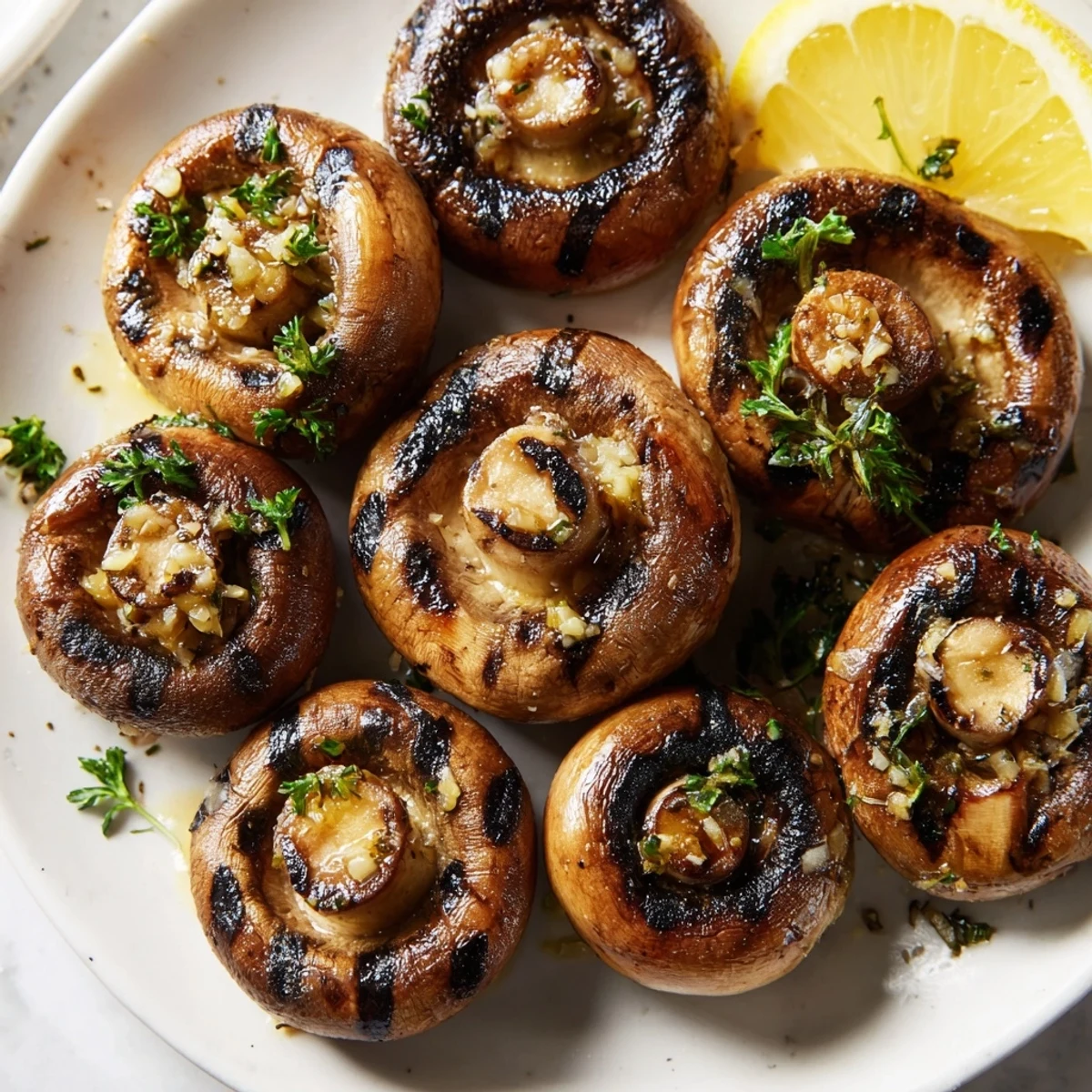 Golden sautéed grilled garlic mushrooms glistening with butter and fresh parsley
