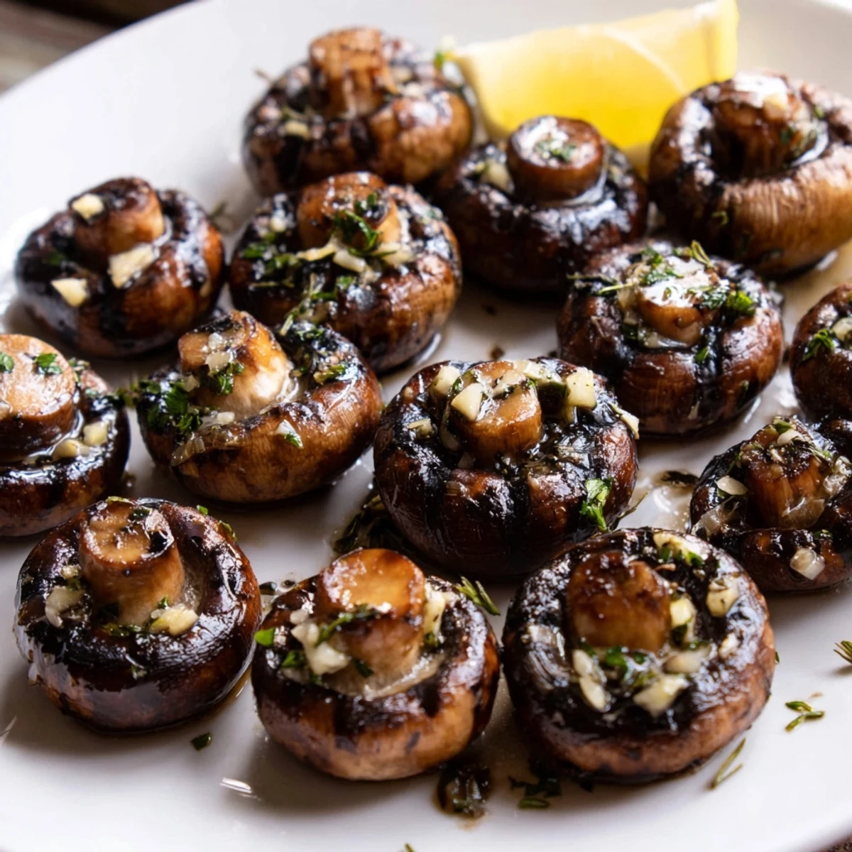 Tender smoky grilled garlic mushrooms coated in garlicky butter and chopped parsley