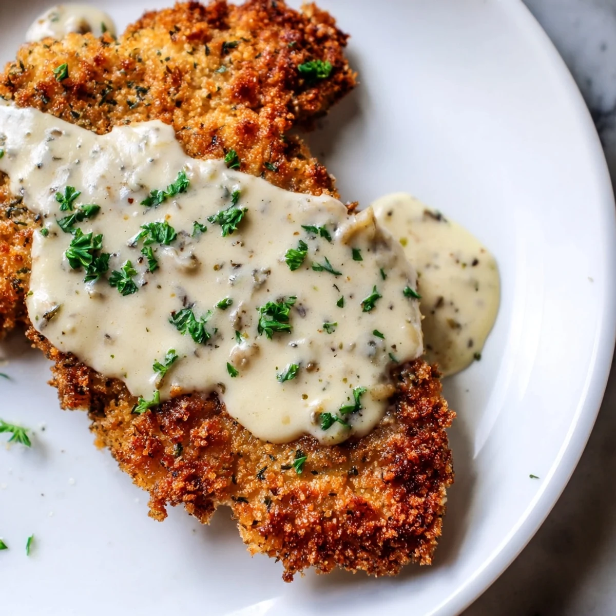 Golden crispy Parmesan chicken plated with creamy garlic sauce and fresh parsley