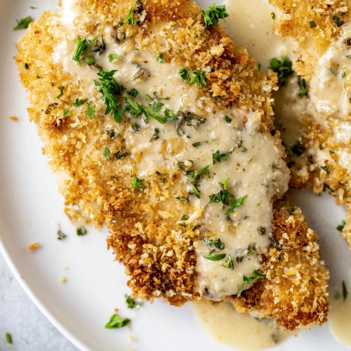 Crispy Parmesan chicken with creamy garlic sauce on a white dinner plate
