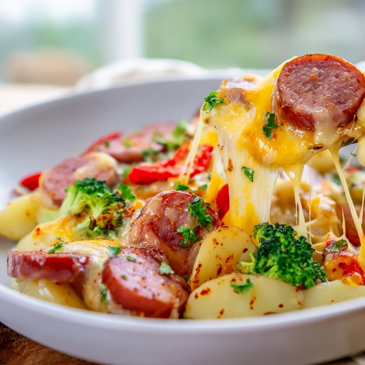 Cheesy Kielbasa Skillet with melted cheddar, golden potatoes, and colorful vegetables in cast iron