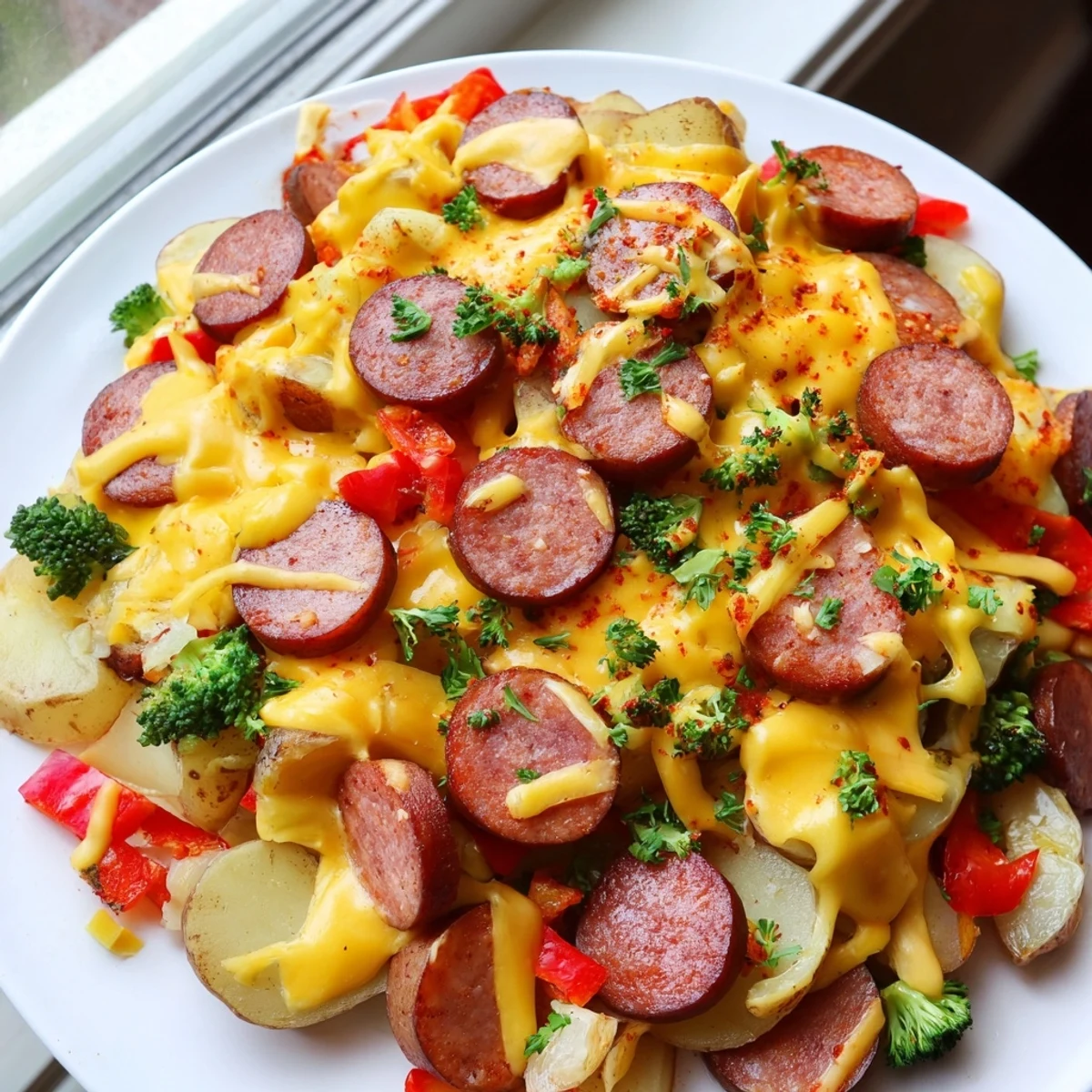 Cheesy Kielbasa Skillet served steaming with broccoli, bell peppers, and bubbling cheddar cheese on top