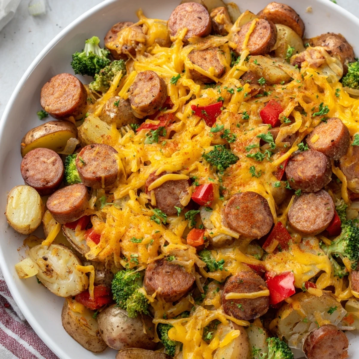 Smoky sliced kielbasa nestled among tender potatoes and gooey melted cheese in a hot skillet