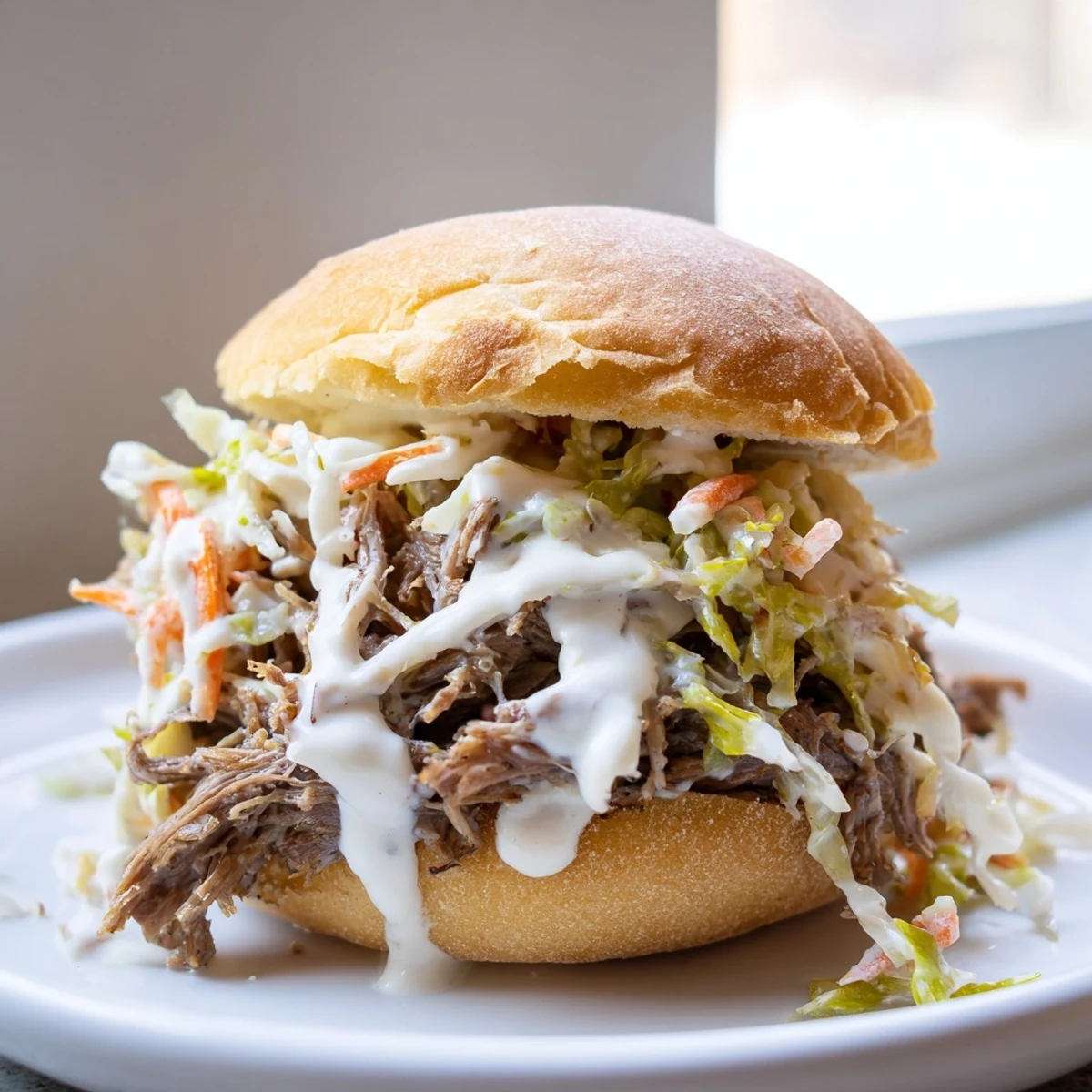 Juicy Alabama white sauce pulled lamb sliders topped with crunchy creamy slaw on toasted buns