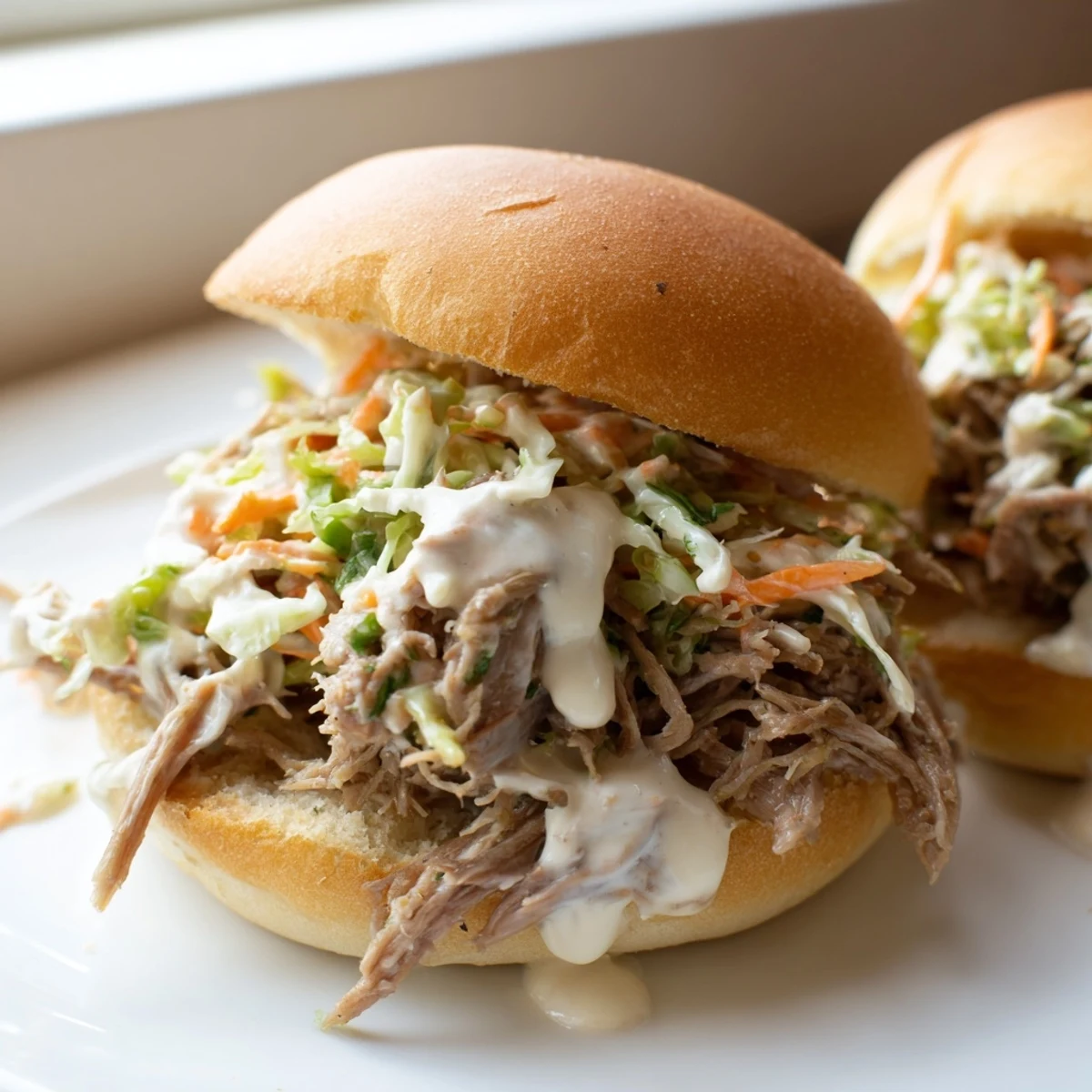 Smoky pulled lamb sliders drizzled with peppery Alabama white sauce and fresh crisp cabbage slaw