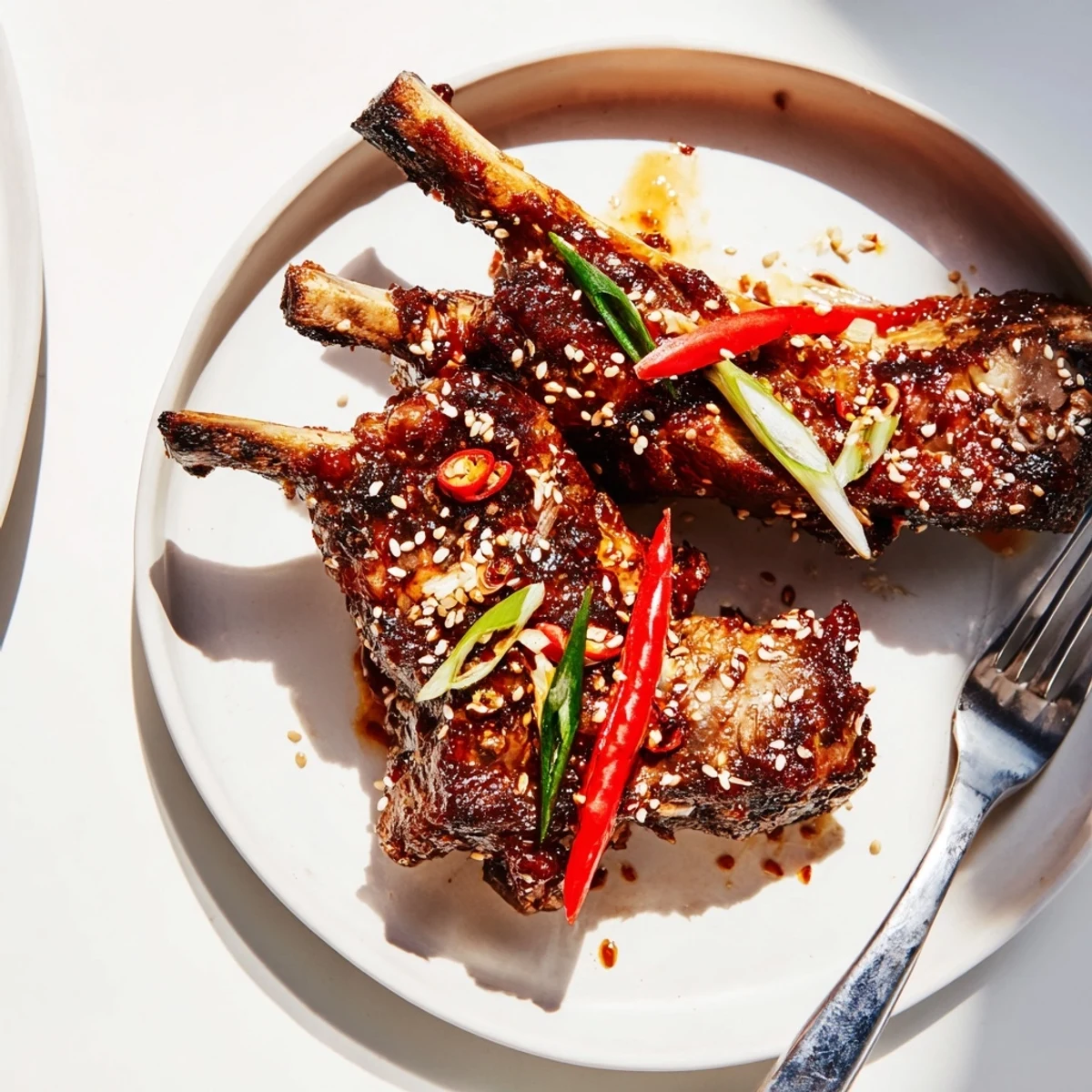 Glazed Korean BBQ lamb ribs glistening with caramelized marinade on a rustic platter