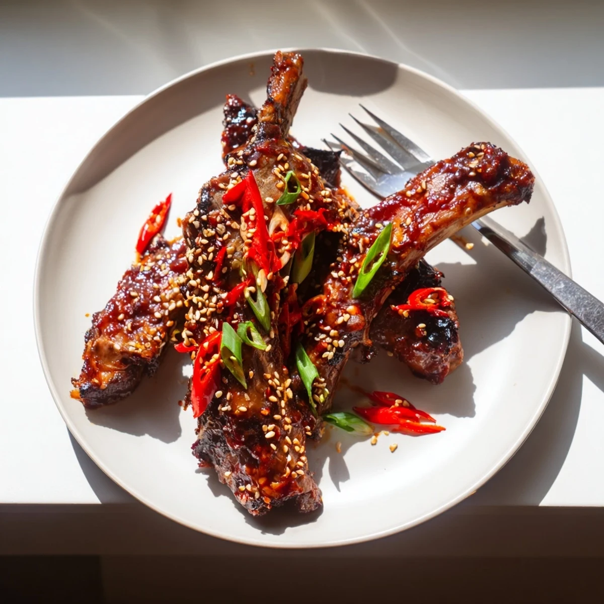 Tender Korean BBQ lamb ribs topped with scallions and a fresh yuzu citrus wedge