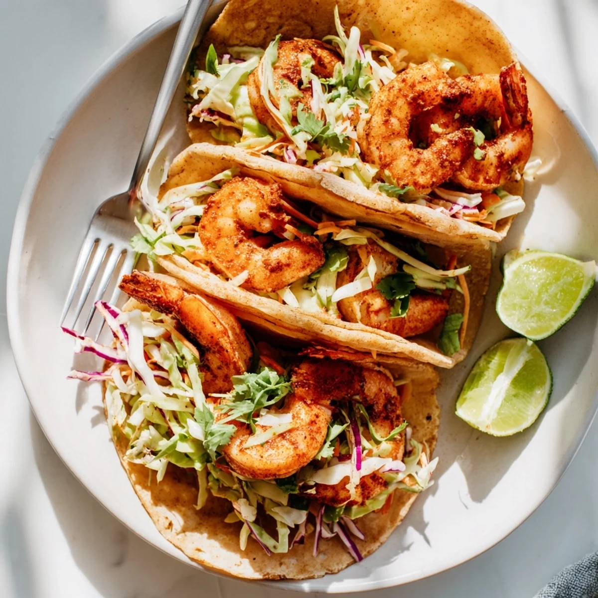 Spicy shrimp tacos loaded with crisp garlic cilantro lime slaw on warm tortillas