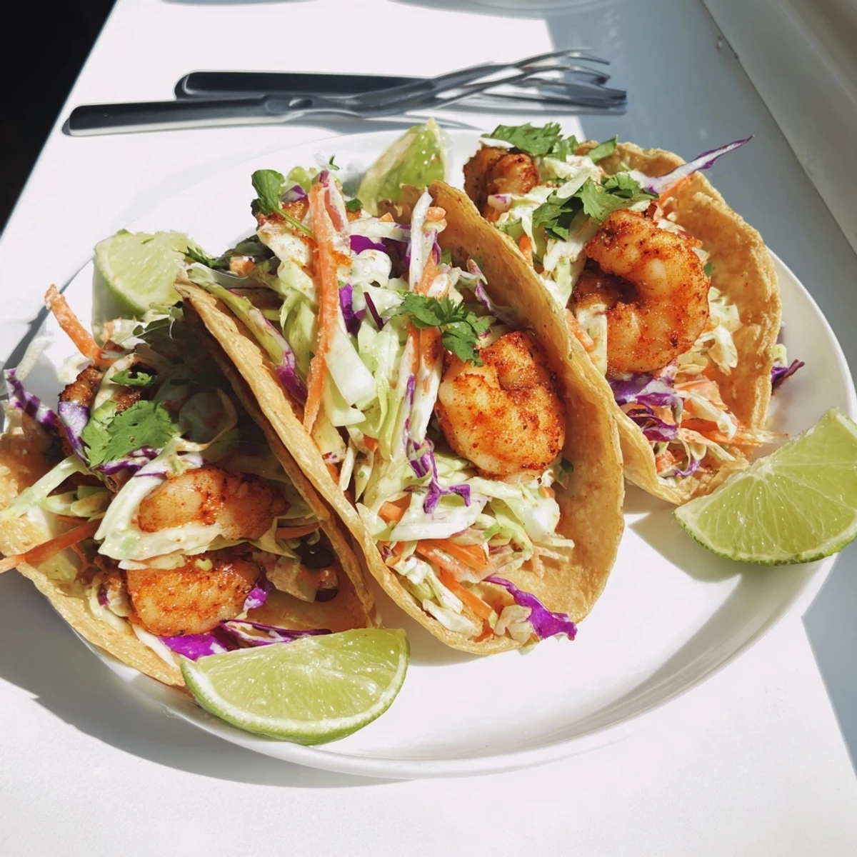 Golden seasoned shrimp nestled in soft tortillas topped with tangy purple cabbage slaw