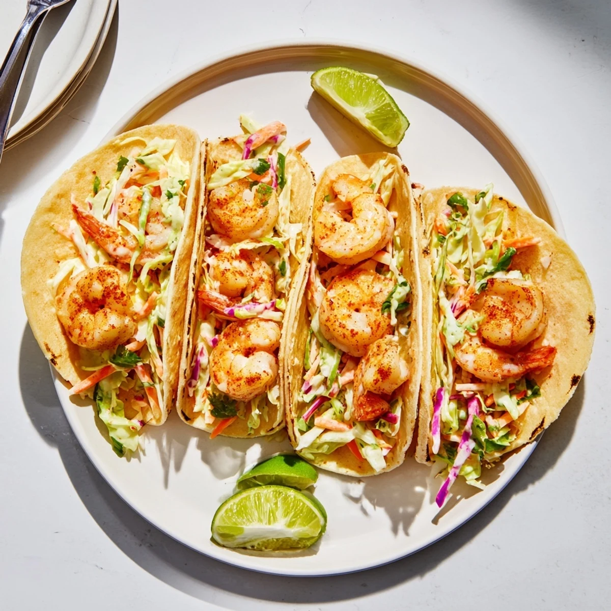 Close-up of spicy shrimp tacos featuring vibrant green cilantro lime slaw and lime wedges